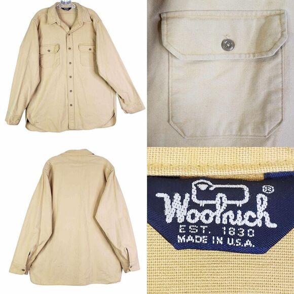 Woolrich Shirt Mens Size Large Long Sleeve Button Down Vintage Canvas Tan - Picture 1 of 12